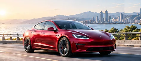 Illustrative concept image: a red electric sedan on a coastal highway with a city skyline behind