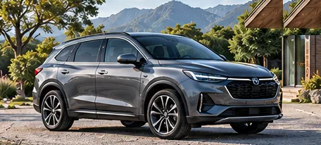 Illustrative concept image: a grey family SUV parked in front of a house with hills behind