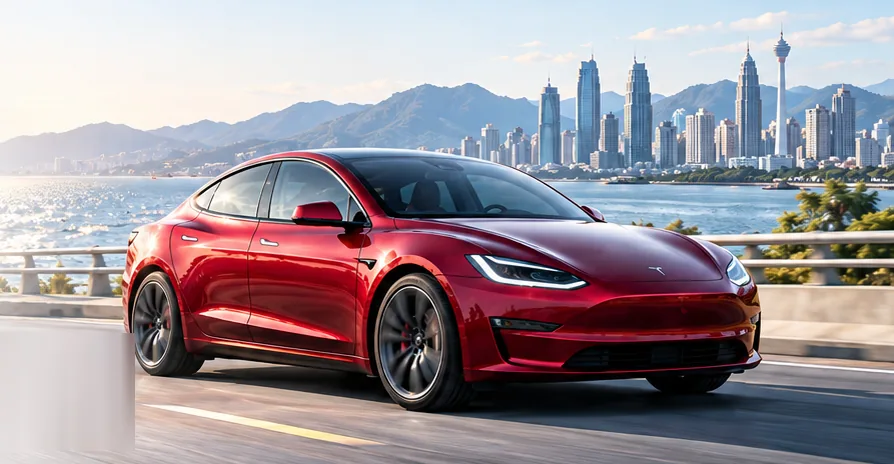 Illustrative concept image: a red electric sedan driving along a Malaysian coastal highway